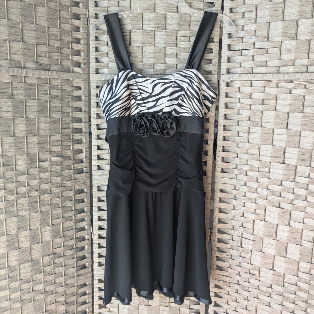 Vtg Y2K Taboo Cocktail Dress Black Zebra Print Rosette Ruched Satin Trim Sz L